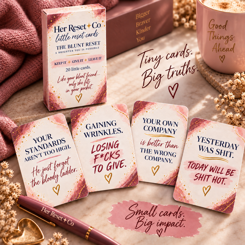 The Blunt Reset cards and tuck box in a blush setting, with Small cards. Big impact.